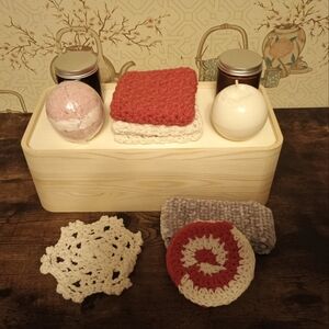 Handmade Spa Basket Peppermint Red White Crochet Cloths Headband Bath Accessory